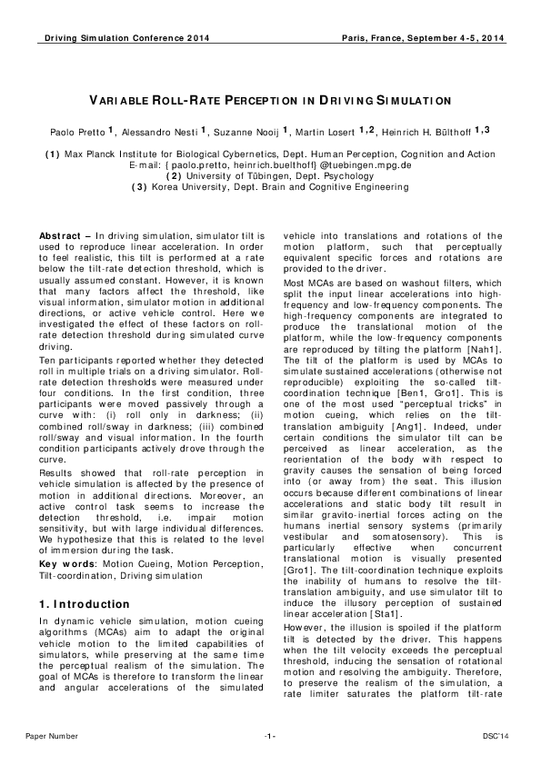 (PDF) Variable RollRate Perception in Driving Simulation Paolo