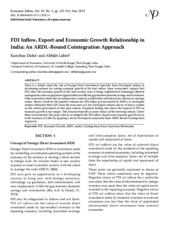 (PDF) FDI Inflow, Export and Economic Growth Relationship in India: An ...
