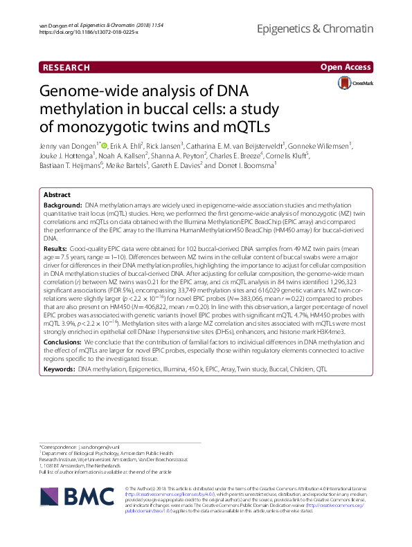 (PDF) Genome-wide analysis of DNA methylation in buccal cells: a study ...