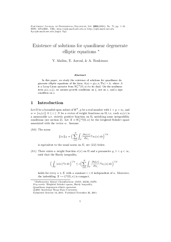 (PDF) Existence of solutions for quasilinear degenerate elliptic equations