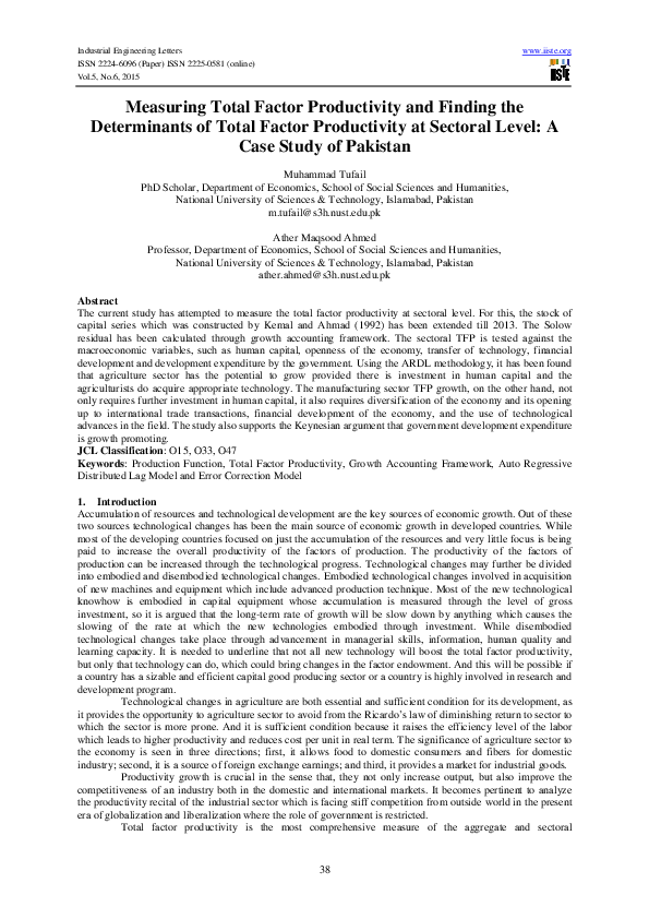 (PDF) Measuring Total Factor Productivity and Finding the Determinants ...