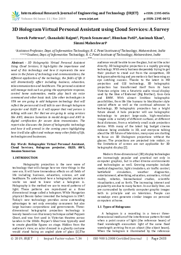 (PDF) 3D Hologram Virtual Personal Assistant using Cloud Services: A Survey