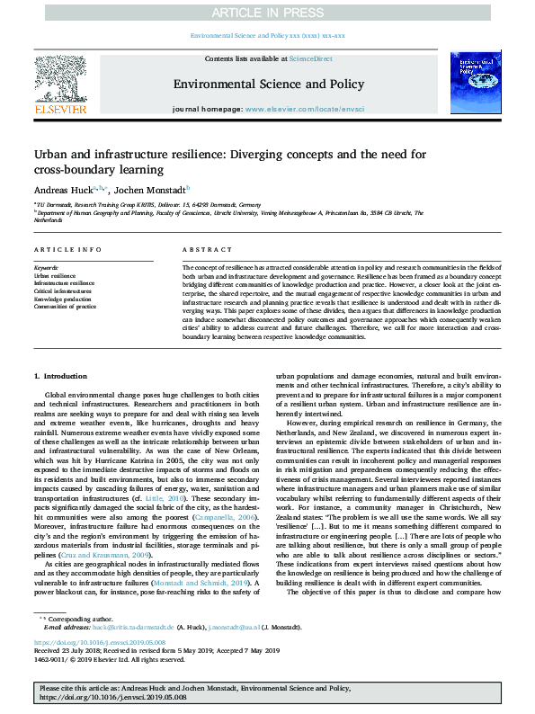 (PDF) Urban and infrastructure resilience: Diverging concepts and the ...