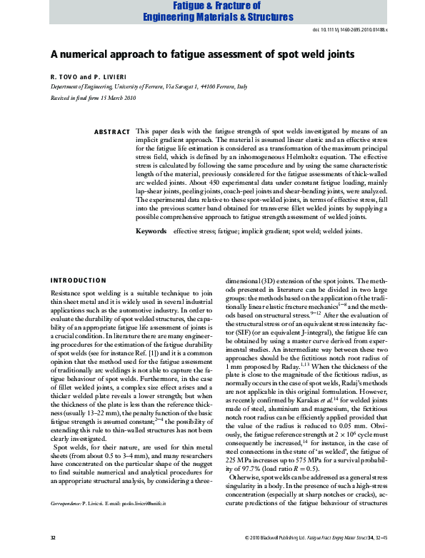 (PDF) A numerical approach to fatigue assessment of spot weld joints