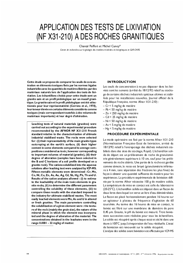 (PDF) Application des tests de lixiviation (NF X31210) à des roches — free download