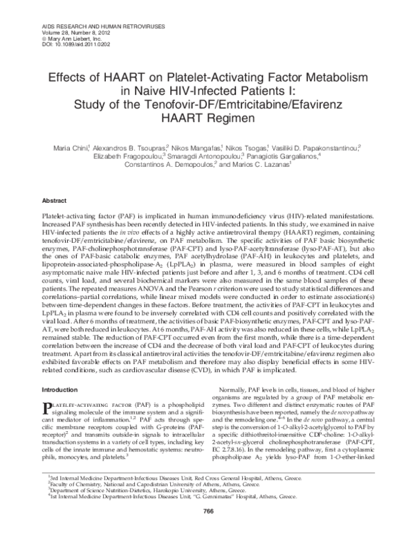 (PDF) Effects of HAART on Platelet-Activating Factor Metabolism in ...