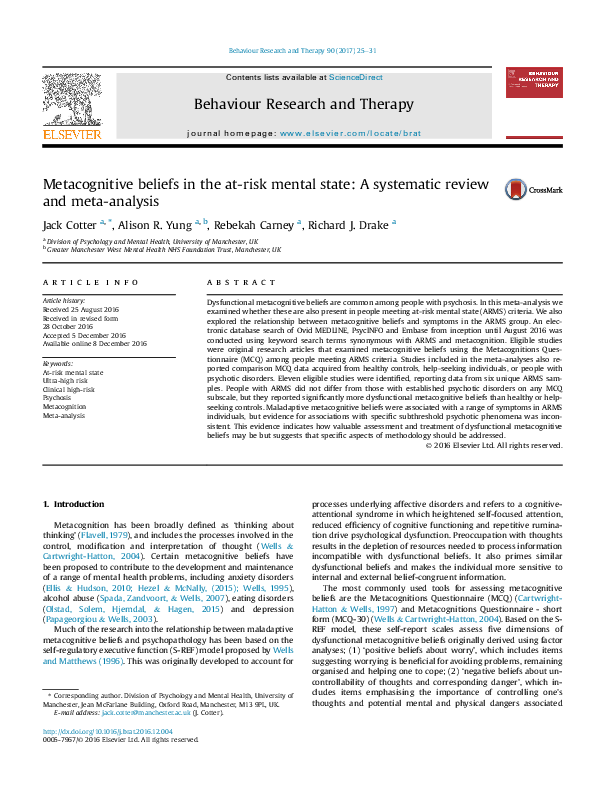 (PDF) Metacognitive beliefs in the at-risk mental state: A systematic ...