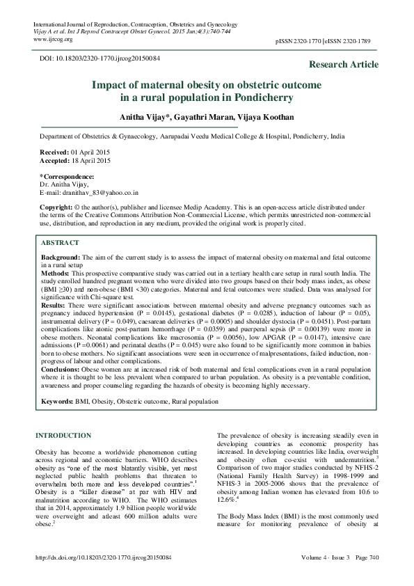 (PDF) Impact of maternal obesity on obstetric outcome in a rural ...