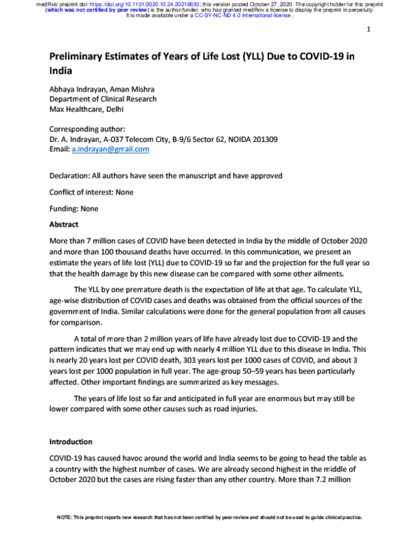 (PDF) Preliminary Estimates of Years of Life Lost (YLL) Due to COVID-19 ...