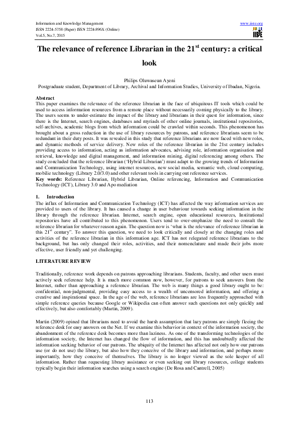 (PDF) The relevance of reference Librarian in the 21st century: a ...