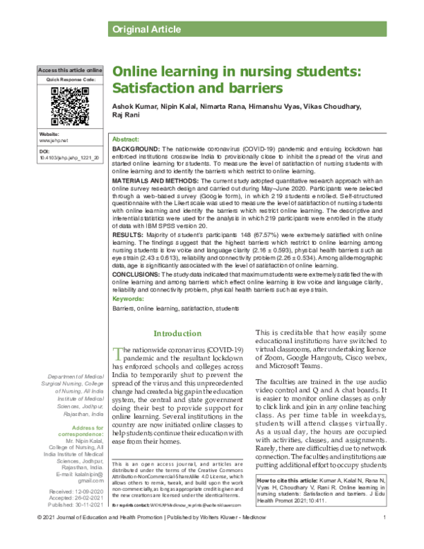 (PDF) Online learning in nursing students: Satisfaction and barriers