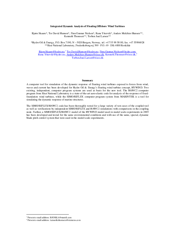 (PDF) Integrated Dynamic Analysis of Floating Offshore Wind Turbines