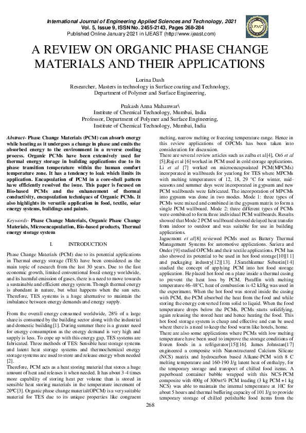 (PDF) A Review on Organic Phase Change Materials and Their Applications