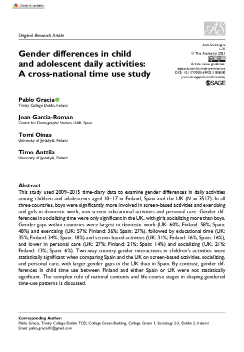 (PDF) Gender differences in child and adolescent daily activities: A ...