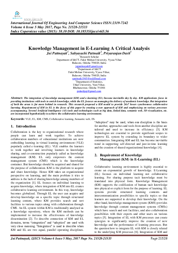 (PDF) Knowledge Management in E-Learning A Critical Analysis
