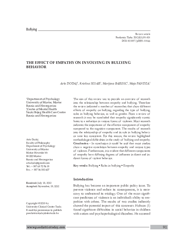 (PDF) The effect of empathy on involving in bullying behavior