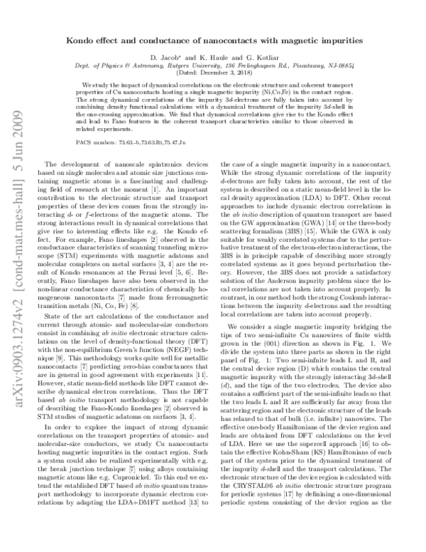 (PDF) Kondo Effect and Conductance of Nanocontacts with Magnetic Impurities