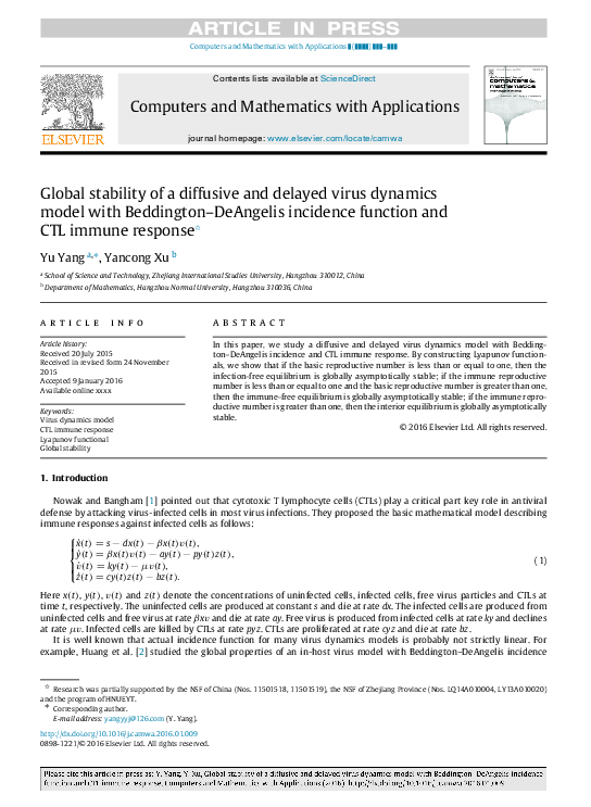 (PDF) Global stability of a diffusive and delayed virus dynamics model ...