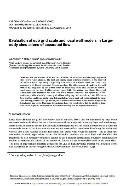 (PDF) Evaluation of sub grid scale and local wall models in Large-eddy ...