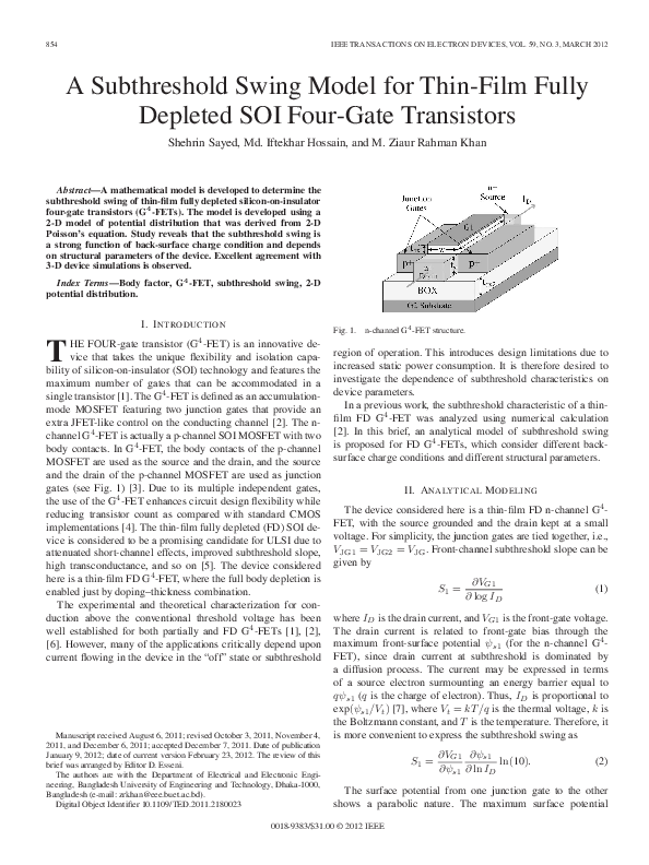 (PDF) A Subthreshold Swing Model for Thin-Film Fully Depleted SOI Four ...