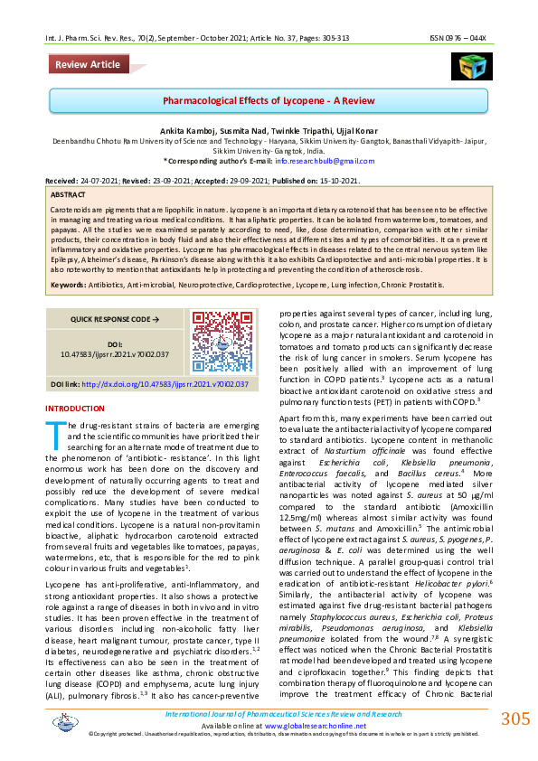 (PDF) Pharmacological Effects of Lycopene A Review Susmita Nad