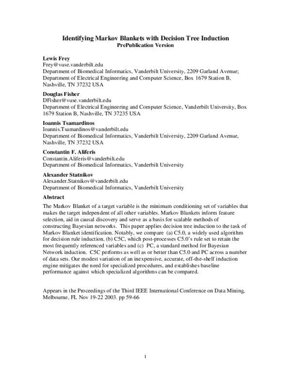 (PDF) Identifying Markov blankets with decision tree induction