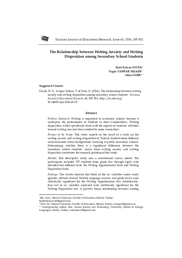 (PDF) The Relationship between Writing Anxiety and Writing Disposition ...