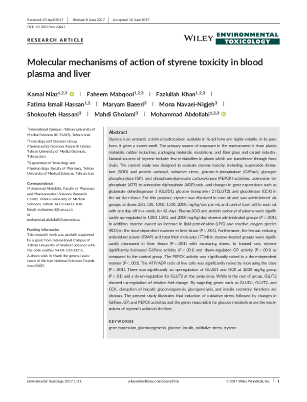 (PDF) Molecular mechanisms of action of styrene toxicity in blood