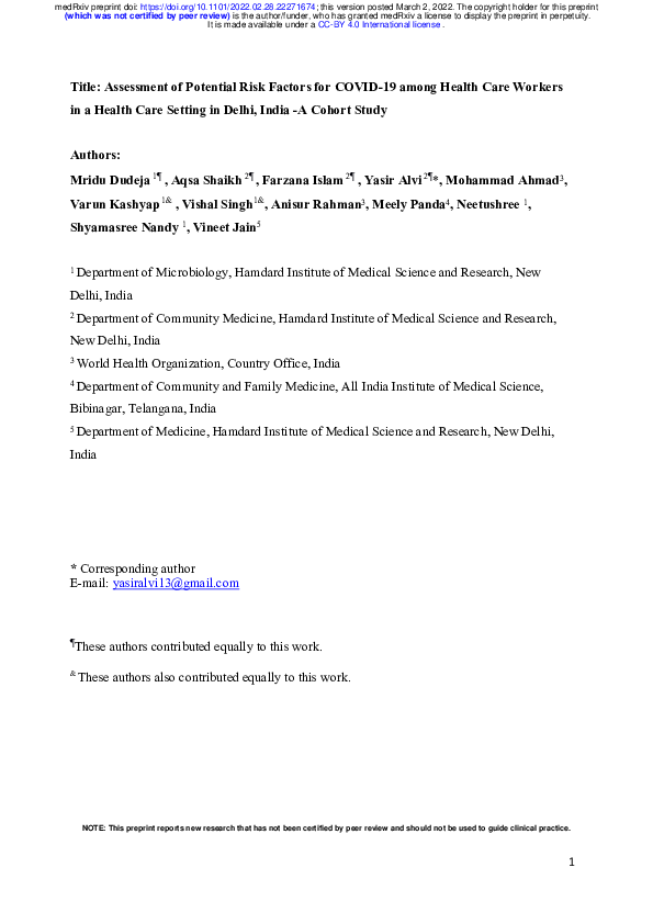 (PDF) Assessment of Potential Risk Factors for COVID-19 among Health ...