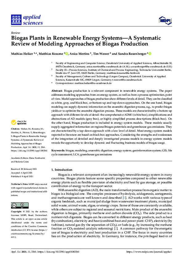 (PDF) Biogas Plants in Renewable Energy Systems—A Systematic Review of ...
