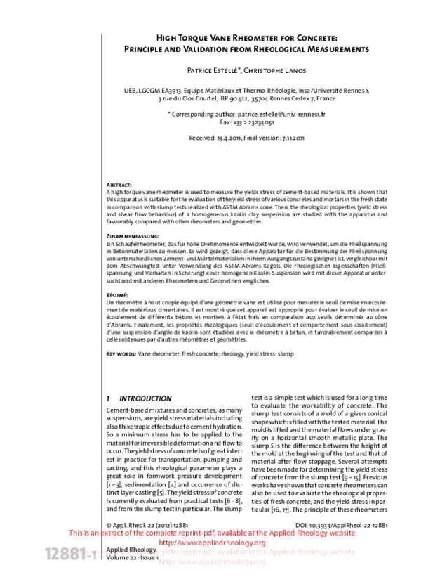 (PDF) High torque vane rheometer for concrete principle and validation
