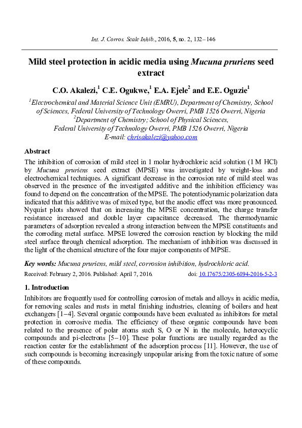 (PDF) Mild steel protection in acidic media using Mucuna pruriens seed ...