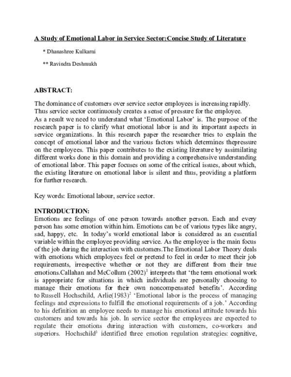 (DOC) A Study of Emotional Labor in Service Sector:Concise Study of ...