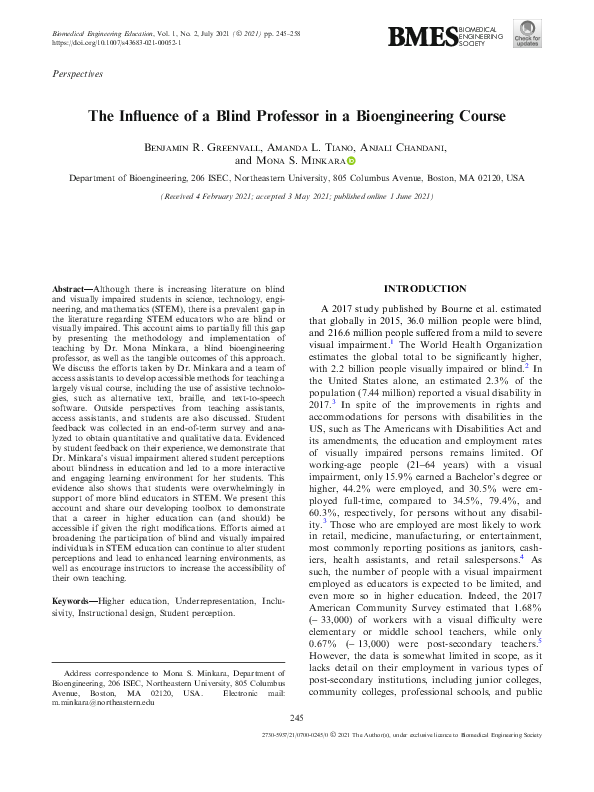 (PDF) The Influence of a Blind Professor in a Bioengineering Course