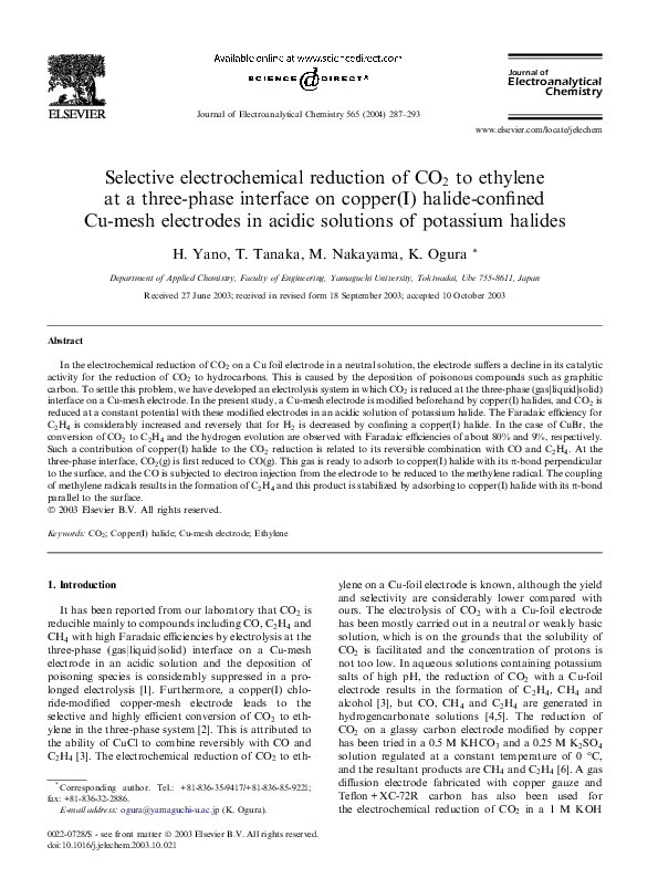 (PDF) Selective electrochemical reduction of CO2 to ethylene at a three ...