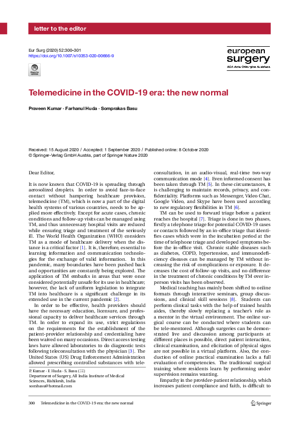 (PDF) Telemedicine in the COVID-19 era: the new normal