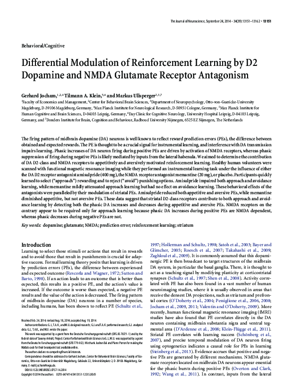 (PDF) Differential modulation of reinforcement learning by D2 dopamine ...