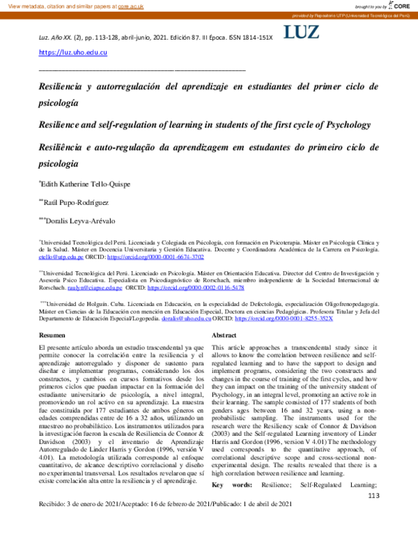 (PDF) Resilience and self-regulation of learning in students of the ...
