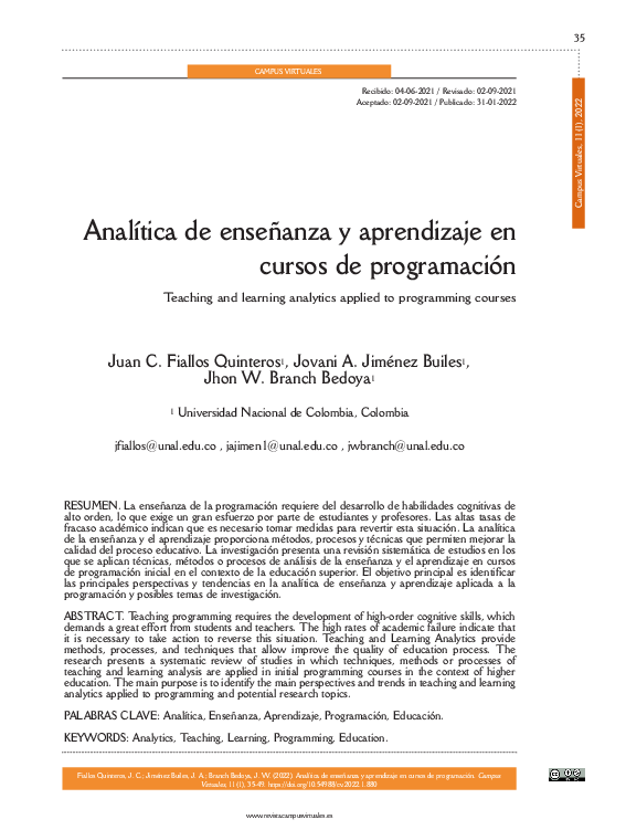 (PDF) Analítica de enseñanza y aprendizaje en cursos de programación