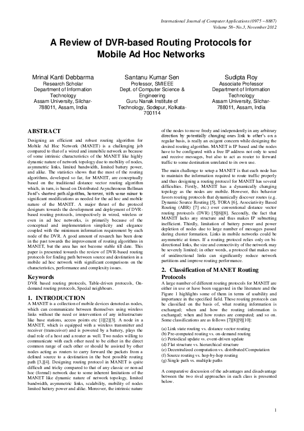 (PDF) A Review of DVR-based Routing Protocols for Mobile Ad Hoc Networks