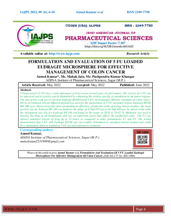 (PDF) FORMULATION AND EVALUATION OF 5 FU LOADED EUDRAGIT MICROSPHERE ...