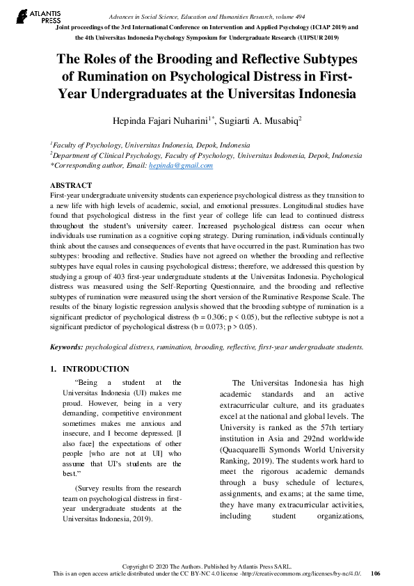 (PDF) The Roles of the Brooding and Reflective Subtypes of Rumination ...