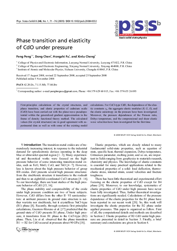 (PDF) Phase transition and elasticity of CdO under pressure