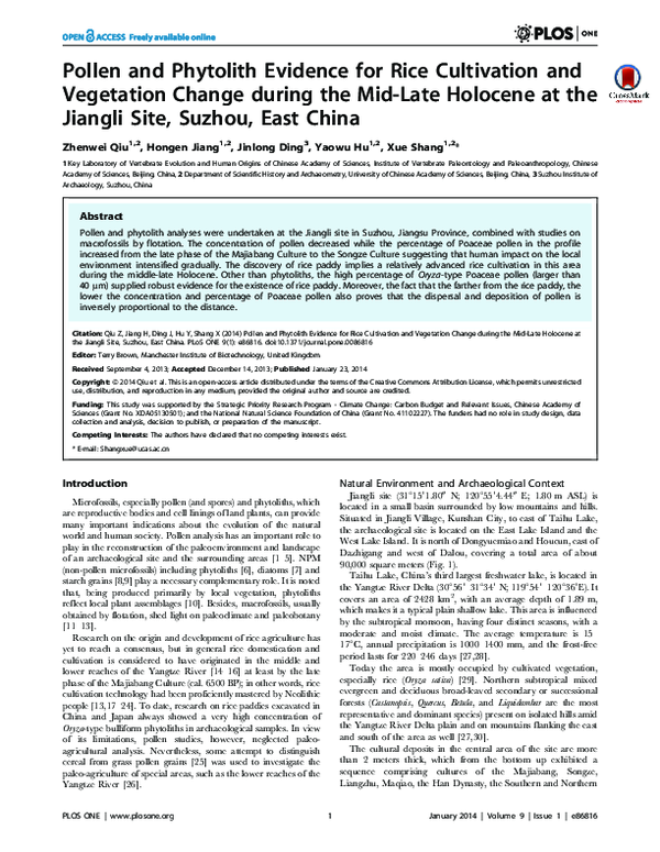 (PDF) Pollen and Phytolith Evidence for Rice Cultivation and Vegetation ...