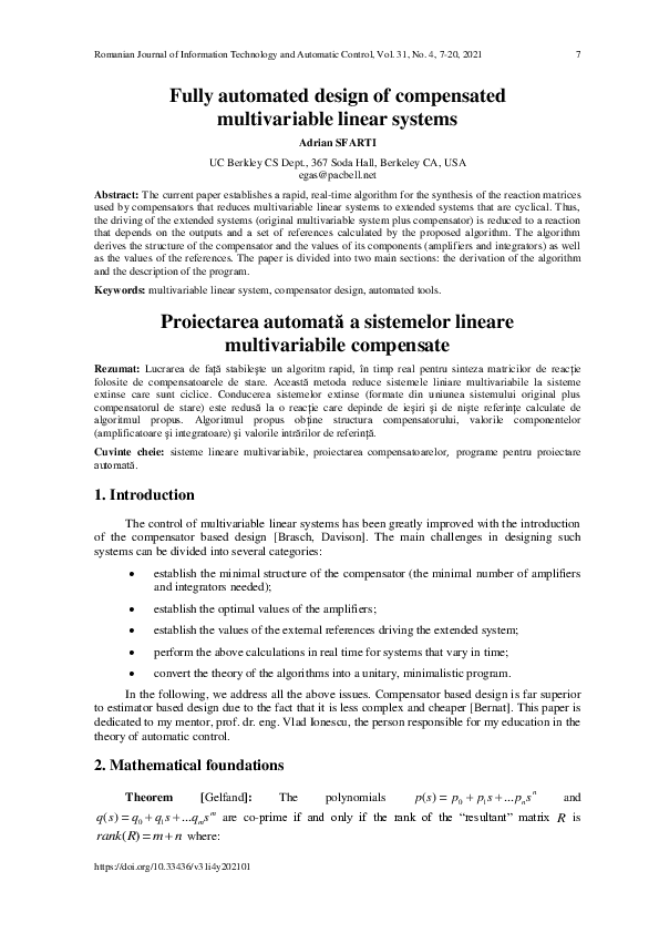 (PDF) Fully automated design of compensated multivariable linear systems
