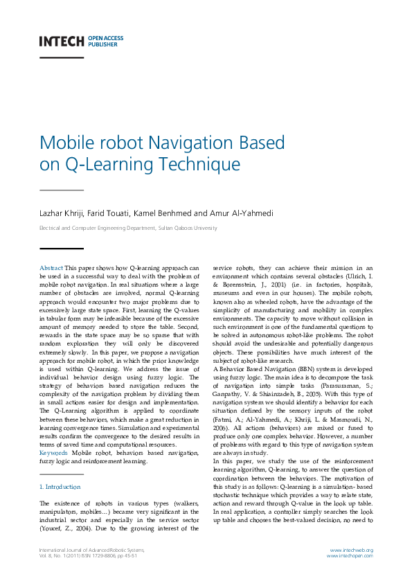 (PDF) Mobile Robot Navigation Based on Q-Learning Technique
