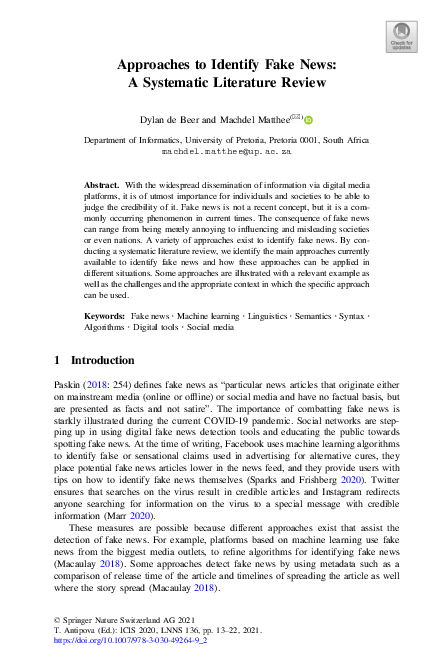approaches to identify fake news a systematic literature review paper cover thumbnail