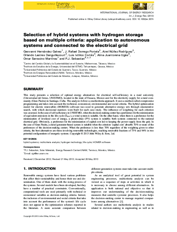 (PDF) Selection of hybrid systems with hydrogen storage based on ...