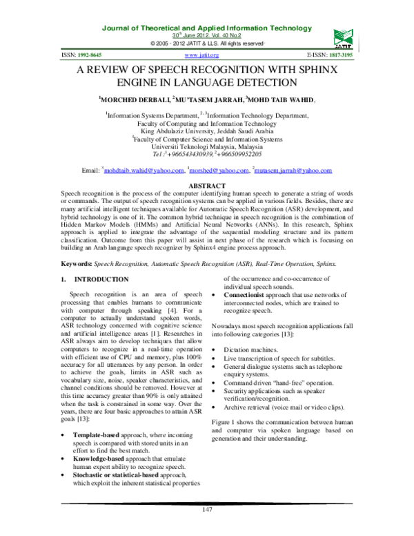 (PDF) A review of speech recognition with Sphinx engine in language ...