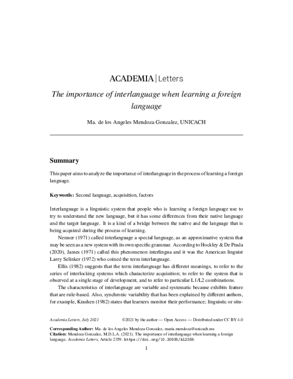 (PDF) The importance of interlanguage when learning a foreign language